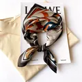 Elegant silk square scarf with geometric pattern in warm tones - 17113-brown / 53*53cm