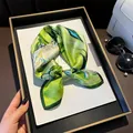 Elegant green mulberry silk square scarf featuring a vintage sunflower oil painting print - 17321 - Main Image / 53*53cm