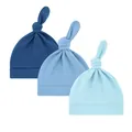 Set mit drei blauen Baby-Knotenmützen aus weichem Strick, ideal für Neugeborene. - 3er-Pack / Königsblau + Himmelblau + Hellblau