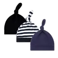 Set aus drei weichen Knotmützen für Babys in Schwarz, Marineblau und mit Streifenmuster - Schwarz + Schwarz-weiße Streifen + Marineblau (einlagig Einfacher Schirm) / Einheitsgröße