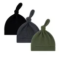 Dreierpack weiche, atmungsaktive Baby-Knotenmützen in Schwarz, Anthrazit und Olivgrün - Schwarz + Schwarzgrau + Armeegrün (einzelschicht Einzelbraue) / Einheitsgröße