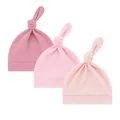 Set aus drei weichen Baumwoll-Babymützen mit Knoten in verschiedenen Rosatönen - Dunkelrosa + Rosa + Hellrosa (einlagig Einzelnes Rouge) / Einheitsgröße