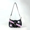 Sac sous l'aisselle style Y2K noir et rose avec chaîne en métal argenté et patchs d'étoiles - Noir violet