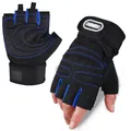 Close-up detail of unisex half-finger fitness gloves for gym training and outdoor cycling. - M / Smiley Style / Blue