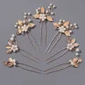 Forest style golden metal leaf and pearl U-shaped hairpin set for wedding accessories - 7 Piece Set (HS-J7074G) / Gold