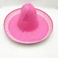 Detalle de sombrero mexicano de paja rosa vibrante con ala ancha decorada - L (58-60cm) / Rosa rojo