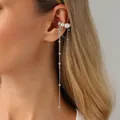 Elegant long tassel pearl ear cuff in silver finish for a sophisticated feminine look - Artificial Pearl Chain Tassel Style (04129)