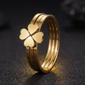 Elegant rose gold stainless steel ring with four-leaf clover heart design for women - Size 5 / Four-Leaf Clover Multi-Layer Style (37-E-6) / Gold