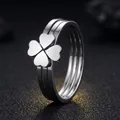 Elegant silver titanium steel triple band ring featuring a polished heart clover motif - Size 5 / Four-Leaf Clover Multi-Layer Style (37-E-5) / Steel
