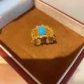 Vintage gold-plated lace open ring with oval blue resin stone and crystal accents - Hollow Flower Open Ring (HR3329) / Gold