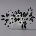 Elegant vintage handmade wire-wrapped hair comb with black crystals and white pearl flowers - Black Rhinestone (HS-J6869SBLK)