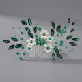 Handmade hair comb with green crystals and white pearl flowers on silver wire - Green Rhinestone (HS-J6869SGREEN)