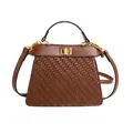 Vintage brown woven texture crossbody bag with top handle and gold turn-lock closure - Brown