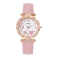 Elegant pink leather strap quartz watch with heart accents and diamond-set bezel for women - Pink Strap White Face