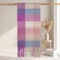 Soft mohair-style checkered scarf with purple and blue plaid patterns and tassels - 38*205+17*2cm / New 8# Purple Blue Beige Gradient Large Plaid