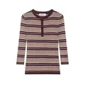 Retro multi-colored striped long-sleeve knit shirt with a stylish Henley button neck. - S / Tops / Burgundy Striped