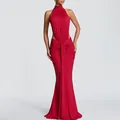 Elegante abito da sera a sirena rosso con scollo all'americana e sexy ritagli in vita - 3XL / Tops / Rosso