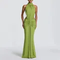 Elegante abito da sera color lime con scollo all'americana e dettagli arricciati - 3XL / Tops / Verde