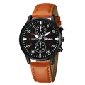 Geneva men's quartz watch featuring a black dial and classic brown leather strap - Brown Strap Black Dial