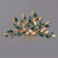 Vintage handmade gold leaf hair comb with emerald green crystals for bridal wedding - Gold