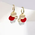 Elegant S925 silver drop earrings with multi-color geometric circular discs - Red, Gold, and Silver Contrast