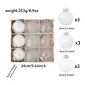 Set of 9 assorted 8cm white and clear Christmas ball ornaments in a storage box - 9 Pieces Set / Clear
