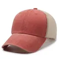 Detailed side view of a vintage washed distressed mesh baseball cap in brick red and tan - Adjustable / Orange Red