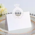Elegant white laser-cut diamond ring place card for formal wedding table settings. - White