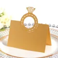 Elegant gold laser-cut wedding place card with diamond ring design for table seating - Gold