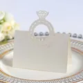 Elegant white laser-cut diamond ring place card for high-end wedding table decor - Ivory