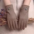 Warm winter gloves for women in brown suede with a decorative houndstooth button detail - One Size / W7 Center Button Coffee
