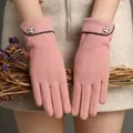 Warm pink winter gloves for women with rabbit fur lining and touch screen fingers - One Size / W16 Side Button Pink