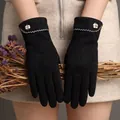 Elegant black fleece-lined winter gloves for outdoor warmth with decorative plaid buttons - One Size / W16 Side Buckle Style / Black