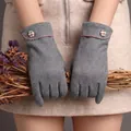 Warm grey winter gloves with soft rabbit down lining and touch screen finger tips - One Size / W16 Side Button Grey