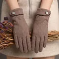 Women's brown winter warm gloves with plush rabbit hair blend and plaid button - One Size / W16 Side Button Coffee