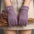 Elegant purple winter warm gloves featuring a plaid button detail and soft fleece lining - One Size / W16 Side Button Purple