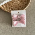 Pair of cute pink ribbed ribbon bow hair clips on display card for hair styling - Ribbon Bow Hair Clip Pair (52-B87) / 2 Pcs/Set / Light Pink