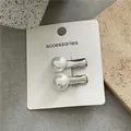 Elegant silver duckbill hair clips with white pearl decoration on minimalist display card - Round Clip Pair (J300-B179) / 2 Pcs/Set / Silver with Artificial Pearl