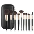 12-piece professional makeup brush set with black PU leather zipper travel bag - 12 Pcs Black Gold Pointed Handle Zipper Bag