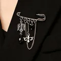 Elegant gothic style safety pin brooch featuring black heart and fleur-de-lis dangling charms - Black Bird Heart Style (S245) / Silver Black