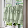 Close-up detail of a sage green tiered ruffled cake style curtain for kitchen windows - 45*100 / Sage Green Mesh