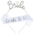 Silver rhinestone Bride headband and white bride to be sash set for wedding party - One Size / Bride 2-Piece Accessory Set