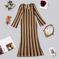 Elegant V-neck long sleeve maxi dress with earth-toned zigzag chevron knit pattern - S / Top And Bottom / Coffee