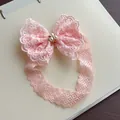 Exquisite soft pink lace baby headband with a decorative large pearl bow for girls. - Light Pink Lace Headband with Rhinestones