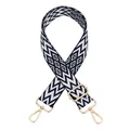 Detailed view of adjustable woven bag strap featuring geometric patterns and gold clips - Blue