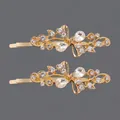 Retro golden butterfly hair clips set with sparkling crystals for elegant daily use - 2 Pieces/Pack (6.3x2.1cm) / Versatile Branch and Butterfly Style (HS-J6596G)