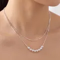 Silver-plated double-layer necklace with polished round beads on a delicate box chain - Silver (SL2215)