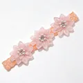 Handmade baby elastic headband featuring three pink chiffon flowers with elegant pearl accents - White Pearl Pink Flower with Ivory Lace