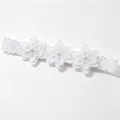Elegant white baby headband featuring three chiffon flowers and pearls. - White Bead Flower with Lace