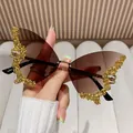 Exaggerated butterfly rimless sunglasses with gold crystal trim and brown lenses - Gold Frame/Brown Lens/Gold Rhinestone
